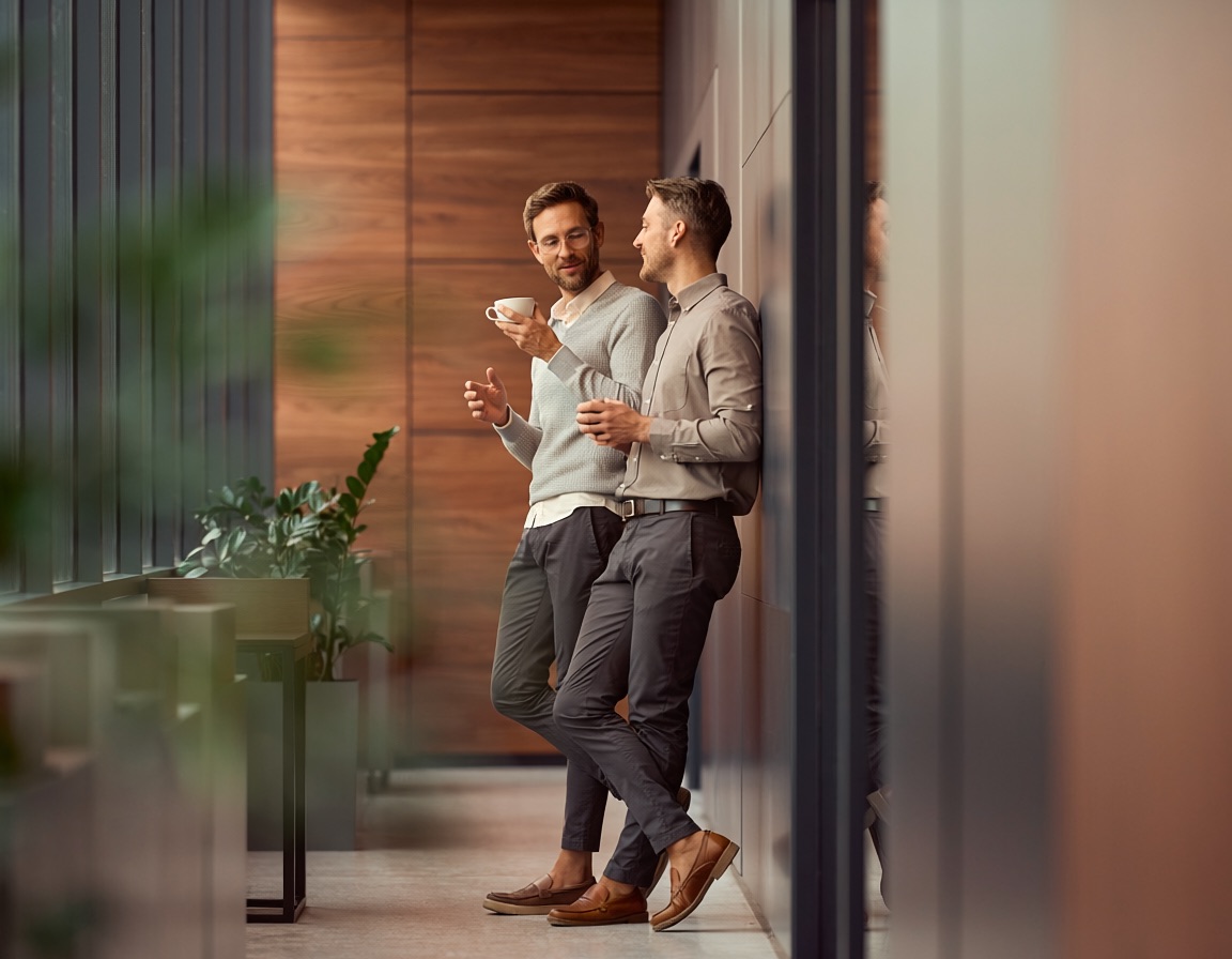 Two coworkers having a supportive conversation