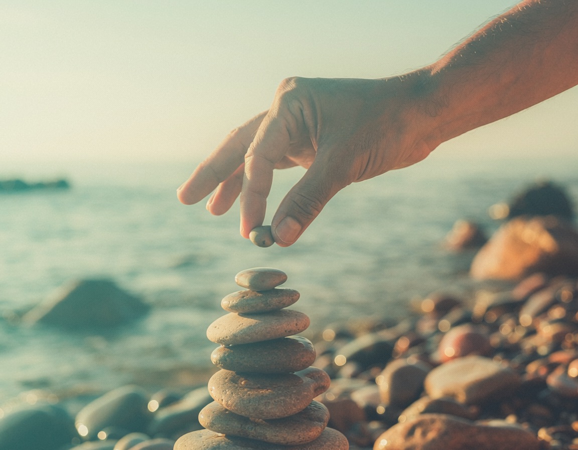A hand placing a stone on a cairn by the ocean
