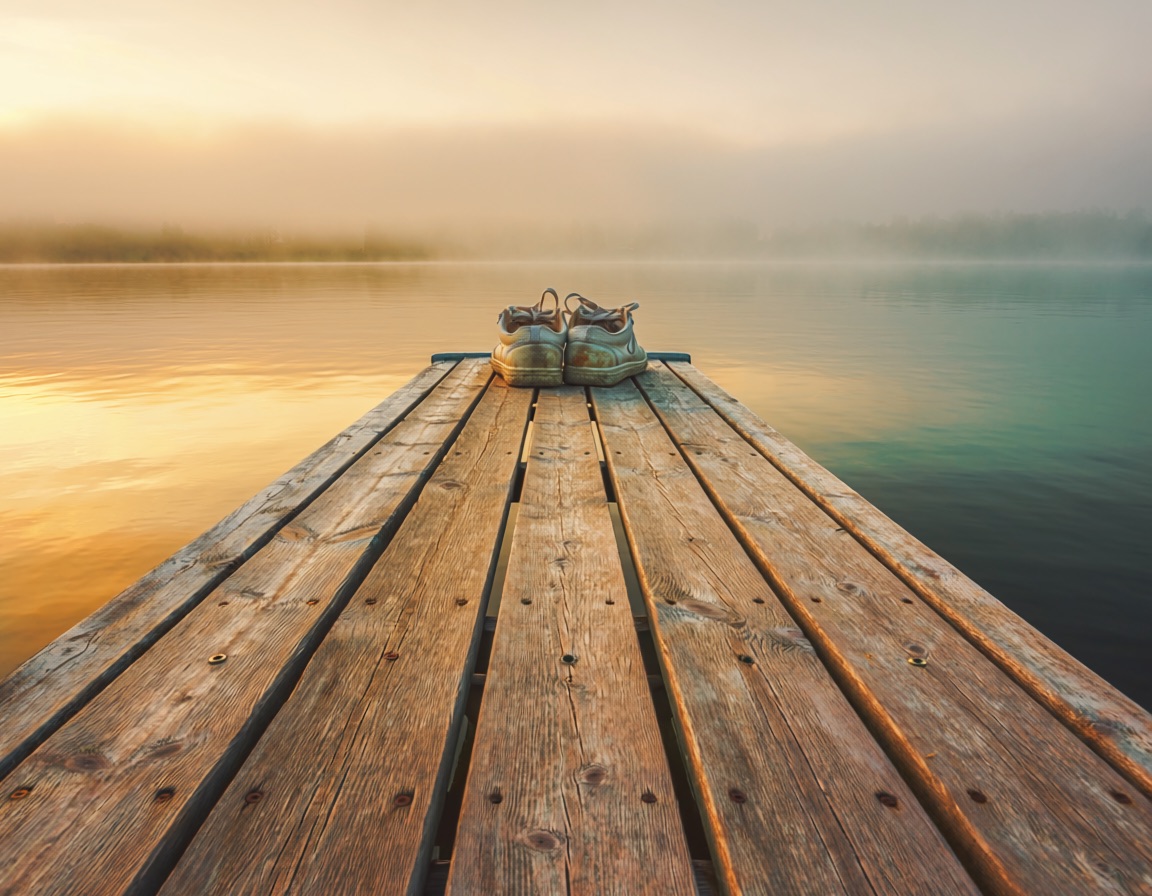 An empty dock at golden hour with worn sneakers at the edge, water and light stretching into the distance