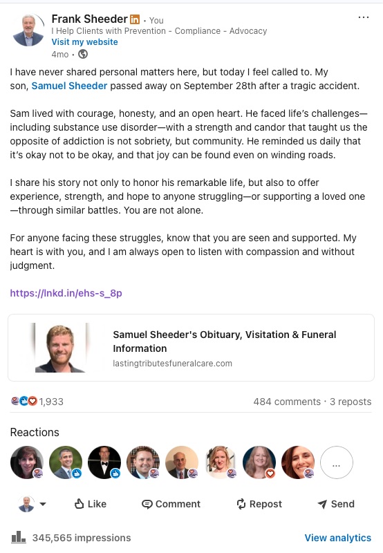 A LinkedIn post about substance use and mental health that reached 345,000 people