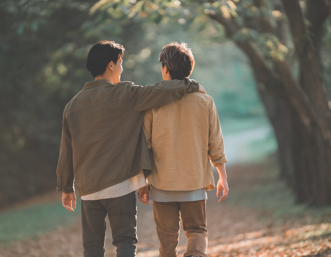 Two people walking together on a quiet path